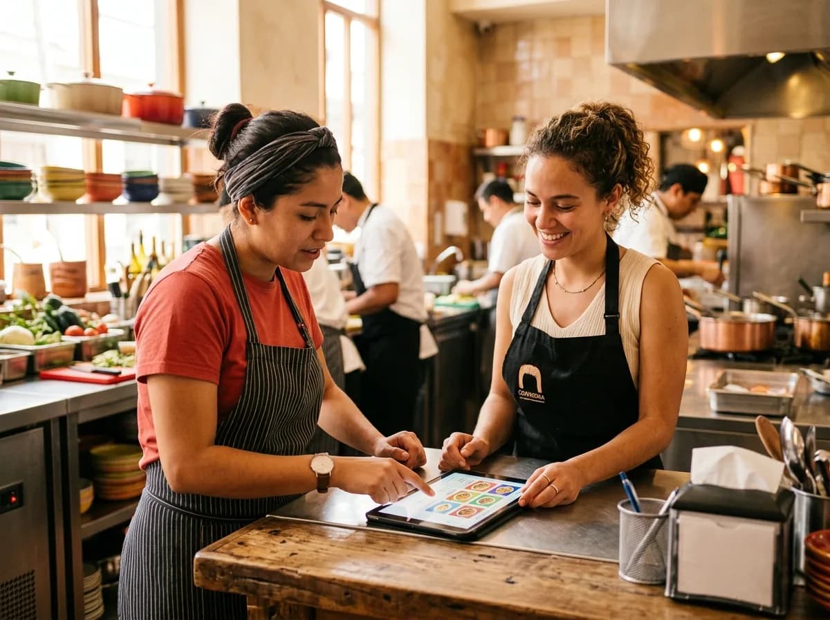 Equipo del restaurante revisando pedidos en una tablet