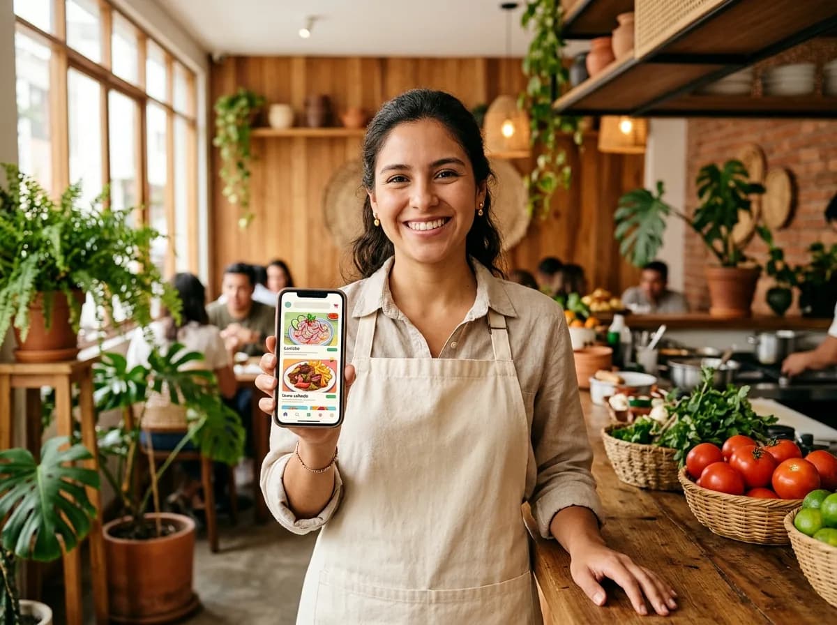 Dueña de un restaurante mostrando su tienda online en el celular