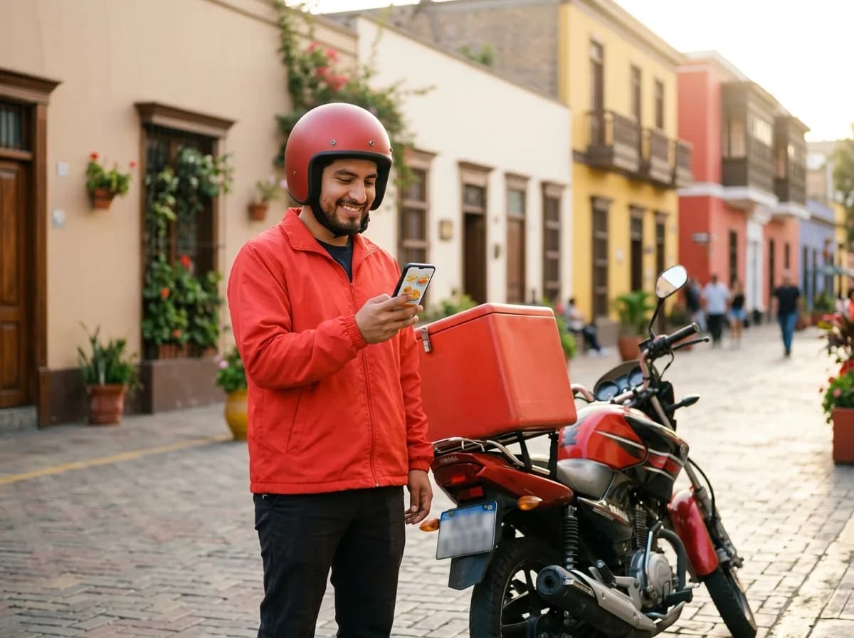 Motorizado revisando un pedido en su celular